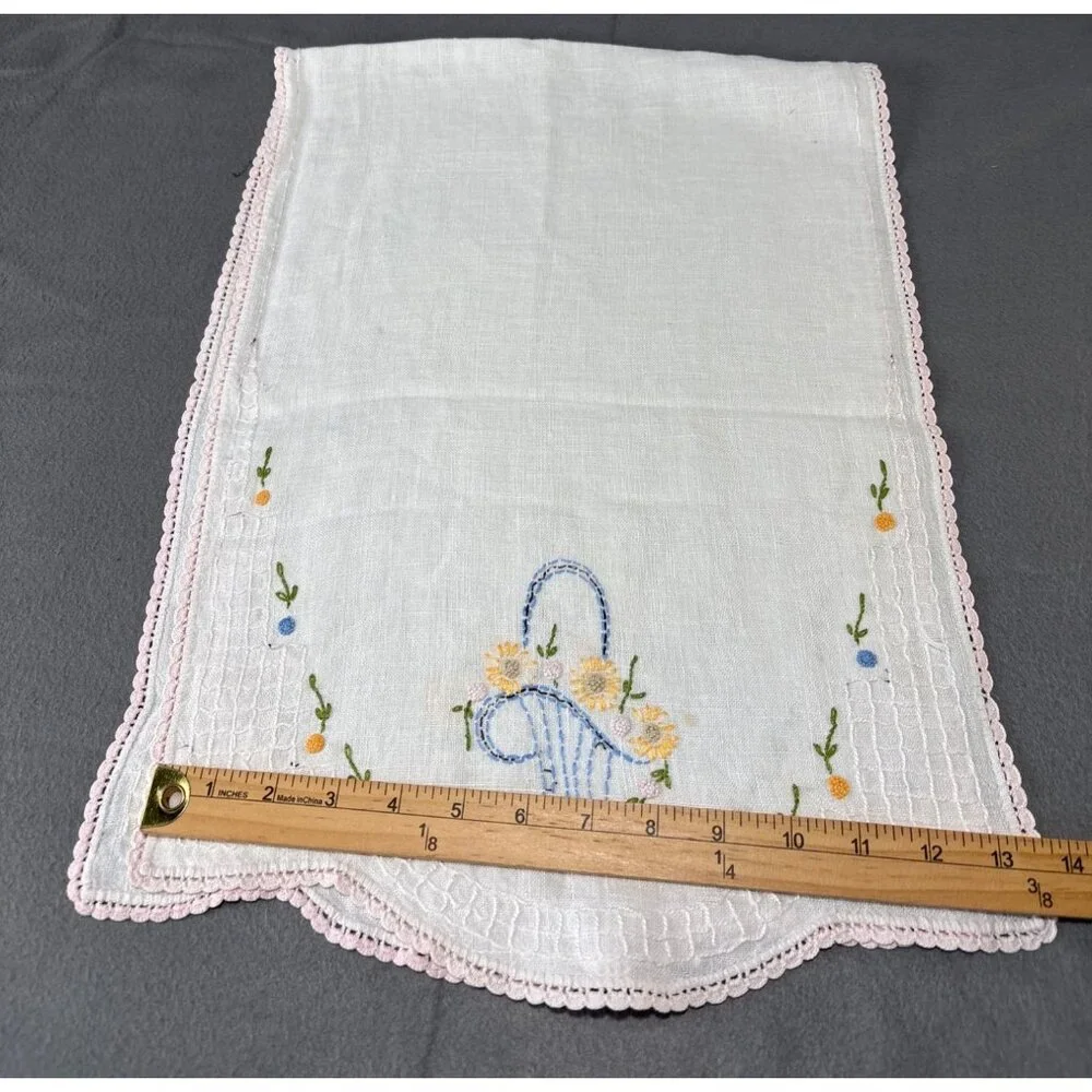 Hand Embroidered Linen Table Runner Flowers & Pink Lace Trim 38x14